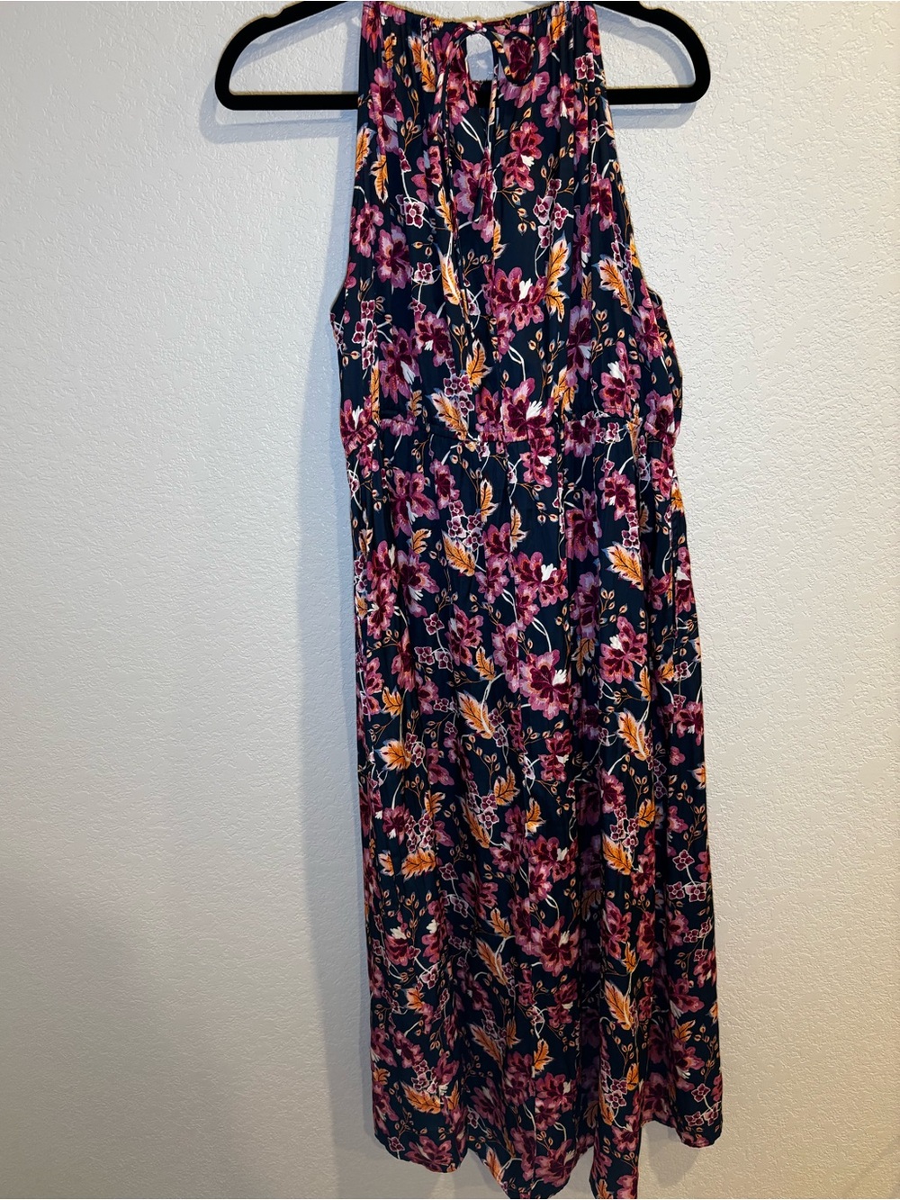 Navy Floral Halter dress with Pink & Mustard Blooms